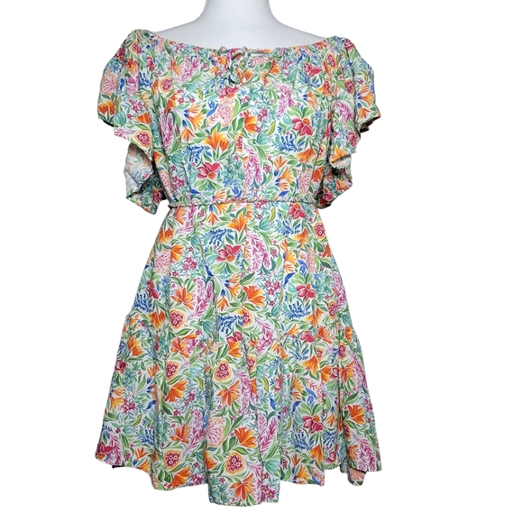 Rachel Zoe Floral Print Flutter Sleeve Mini Dress Tie Waist Wide Neckline SM - Picture 1 of 8